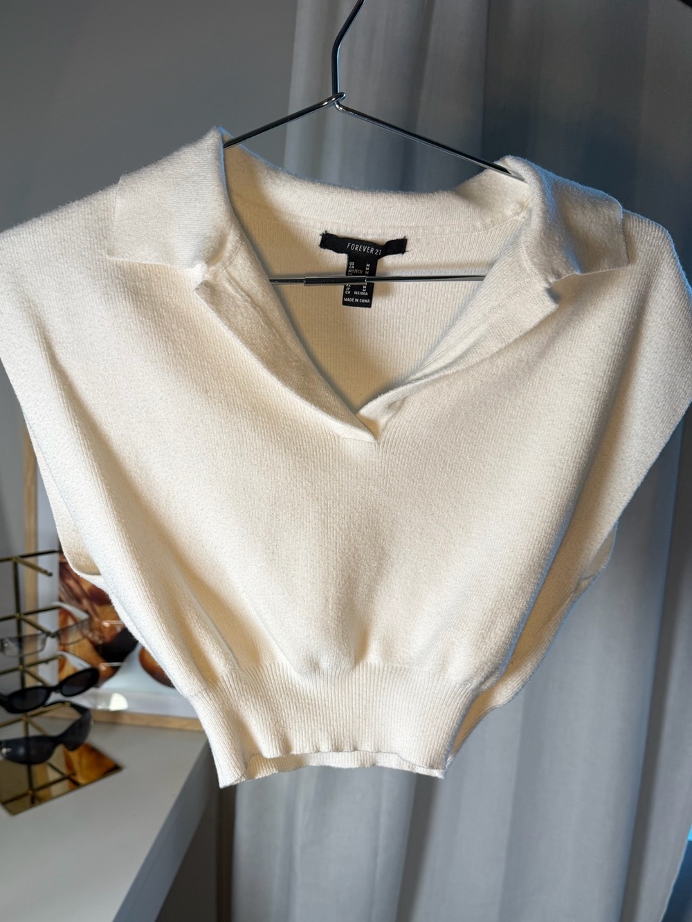 Forever 21 Cream V-Neck Collared Sweater Vest